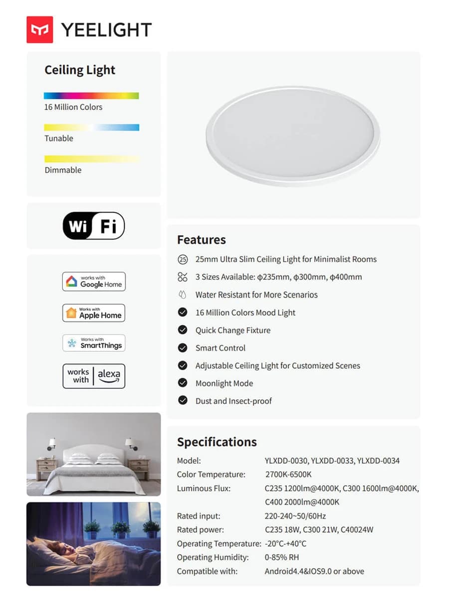 مصباح سقف ييليت الذكي LED RGB فائق النحافة إضاءة محيطة تحكم صوتي واي فاي 6500K متوافق مع هوم كيت منزل مي جوجل - 6