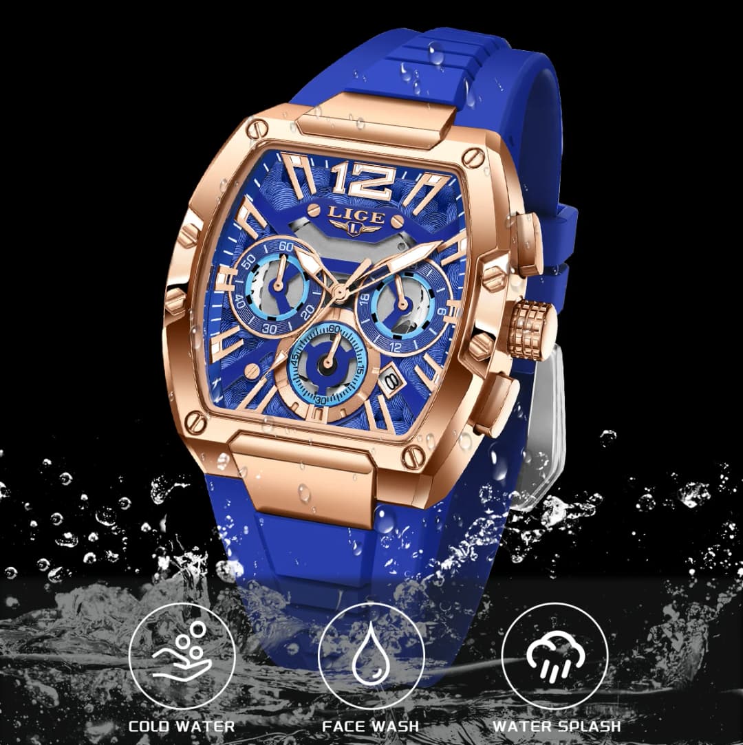 2025 LIGE New Men's Watch Multi Functional Quartz Rectangular Golden Sports Clock Casual Fashion Silicone Strap Men Watch+Box - 4
