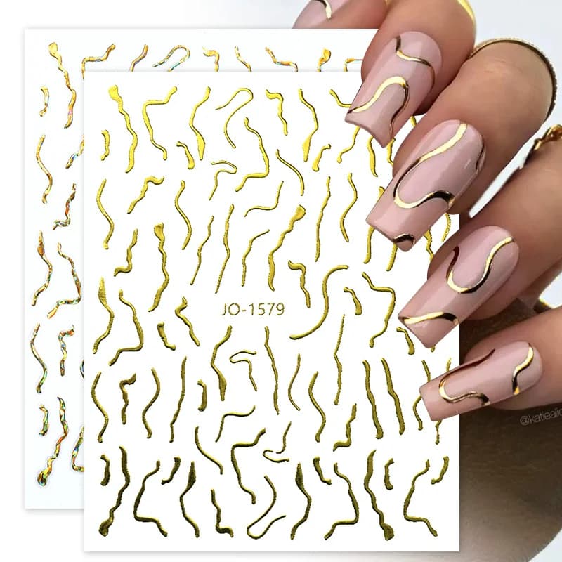 3D Nail Stickers Bronzing Gold Silver Lines Stripe Geometric Design Flowers Gradient Adhesive Slider Papers Nail Art Accessories - 3