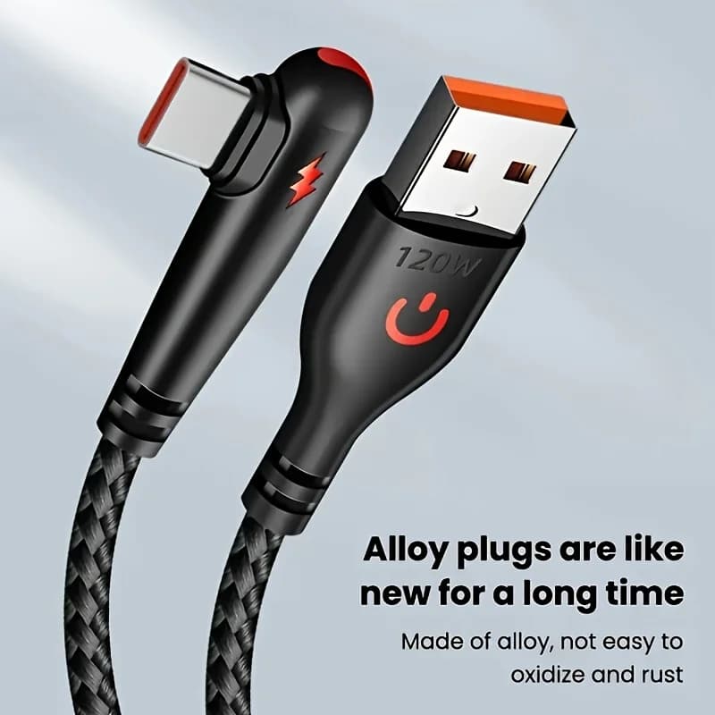 كابل NNBILI شحن سريع 120 واط من يو اس بي إلى تايب سي، نايلون مضفر، تصميم انحناء 90 درجة، متوافق مع هواوي وسامسونج وآيفون - 2