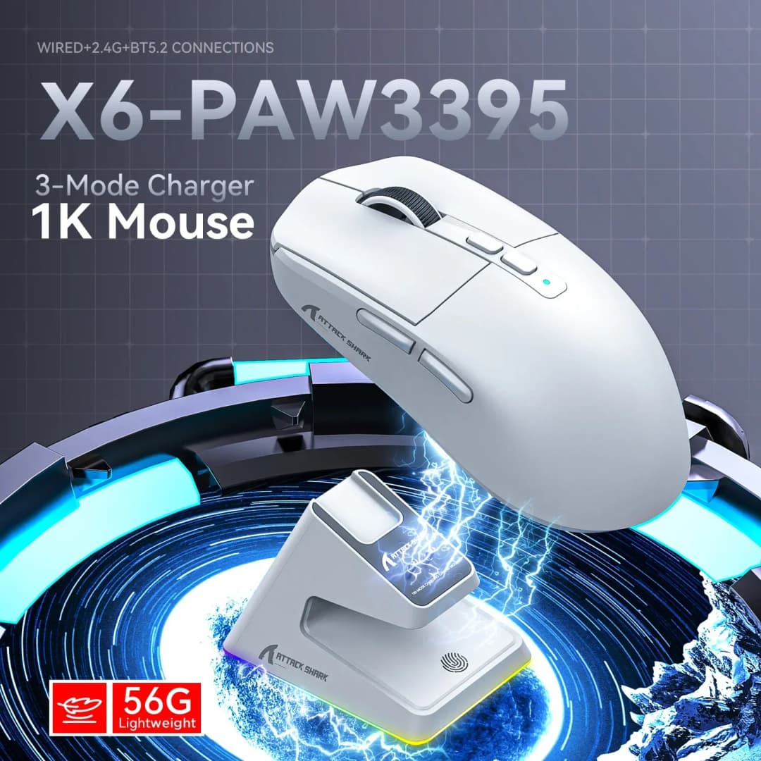ATTACK SHARK X6 Tri-Mode Wireless Gaming Mouse, 55g Lightweight, PAW3395 Sensor, 26000 DPI,RGB Charging Dock,1000Hz Polling Rate - 3