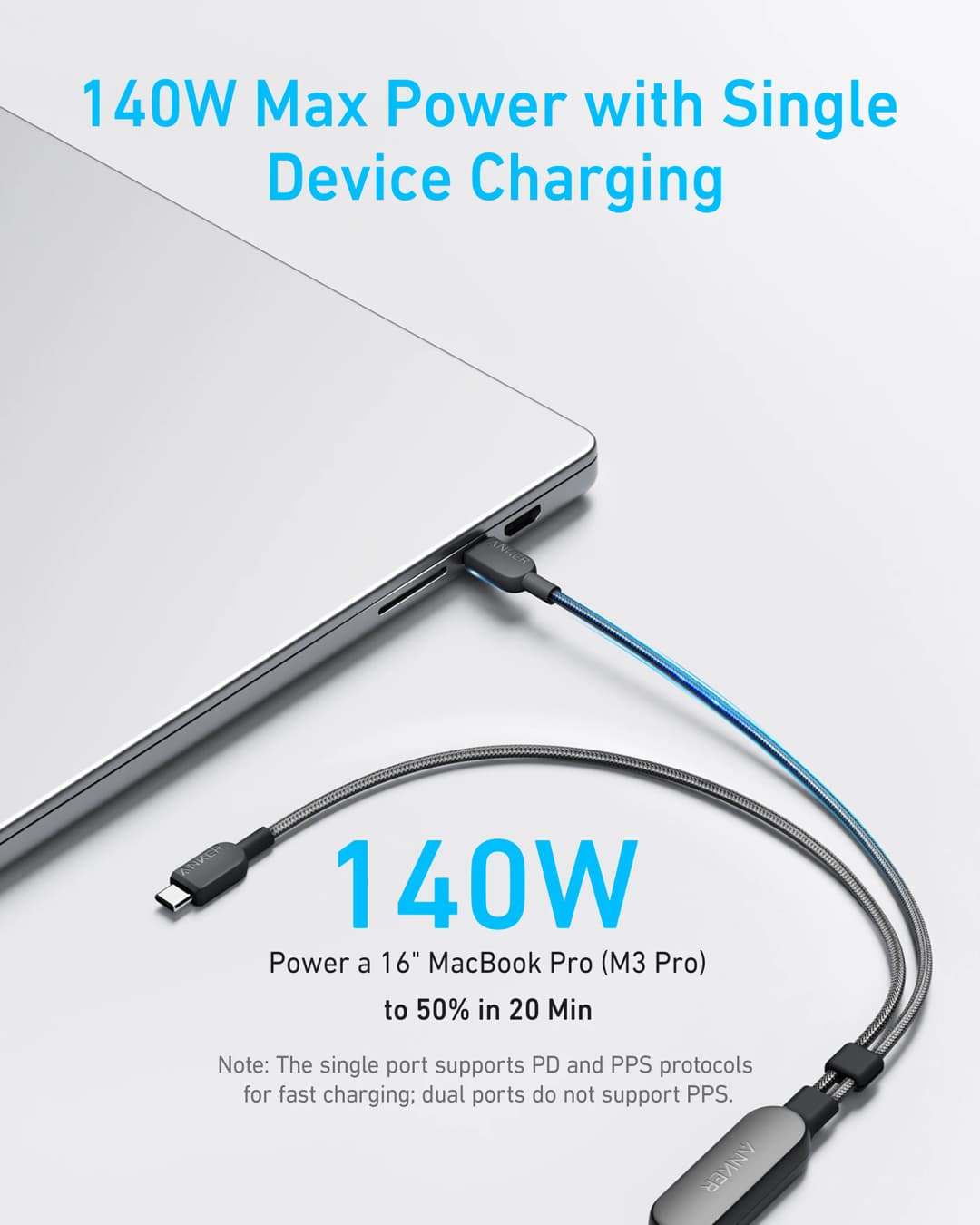Anker USB C Cable, 4 ft 2-in-1 USB C to USB C Cable 140W Max, Fast Charging for iPhone 16 Series, MacBook, iPad - 3