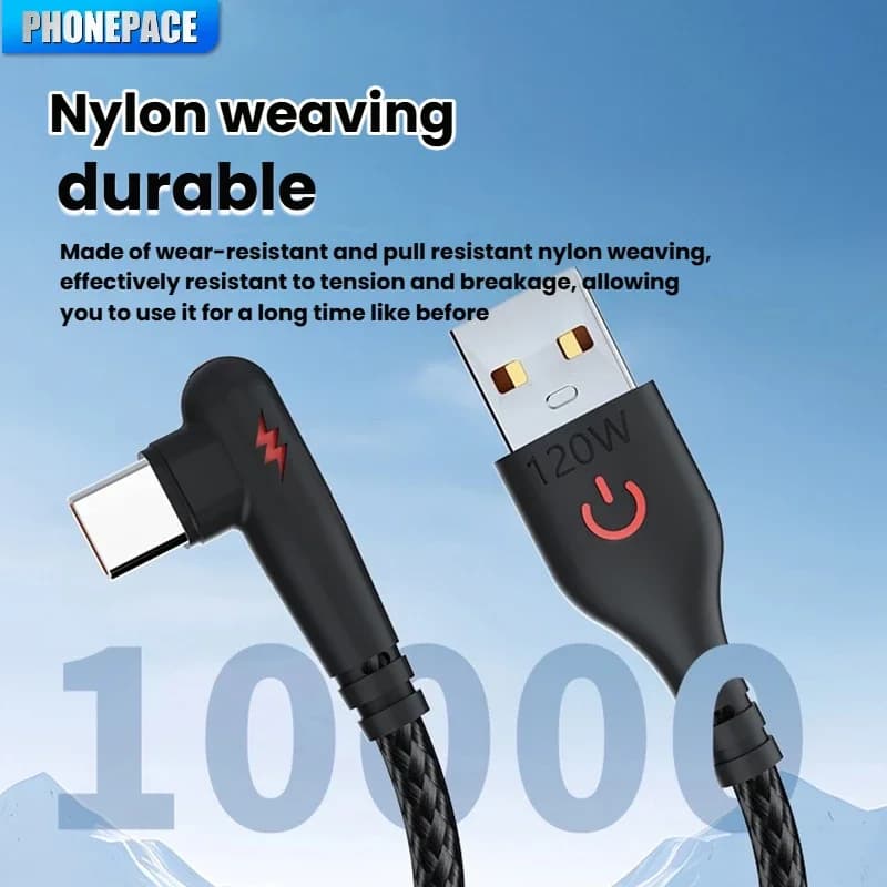 90 درجة الكوع USB نوع C كابل 120 واط شحن سريع شاحن الهاتف سلك البيانات لسامسونج شاومي هواوي شحن سريع USB C كابل - 2