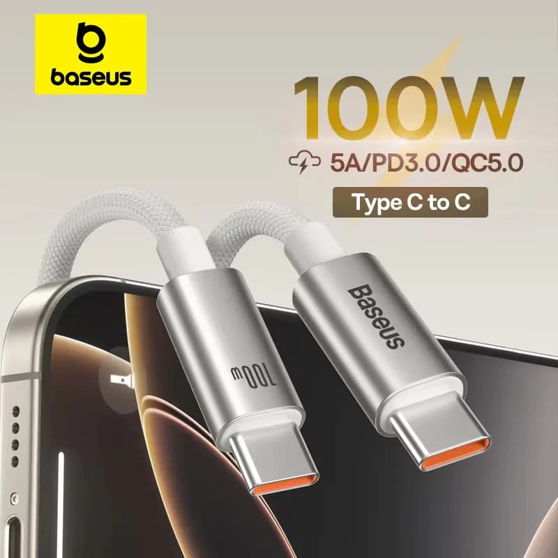 كابل USB من Baseus بقوة 100 واط لهواتف iPhone 17 و16 و15 برو ماكس، كابل شحن سريع من نوع C إلى Type C لهواتف Xiaomi وSamsung وأجهزة MacBook وiPad والهواتف المحمولة