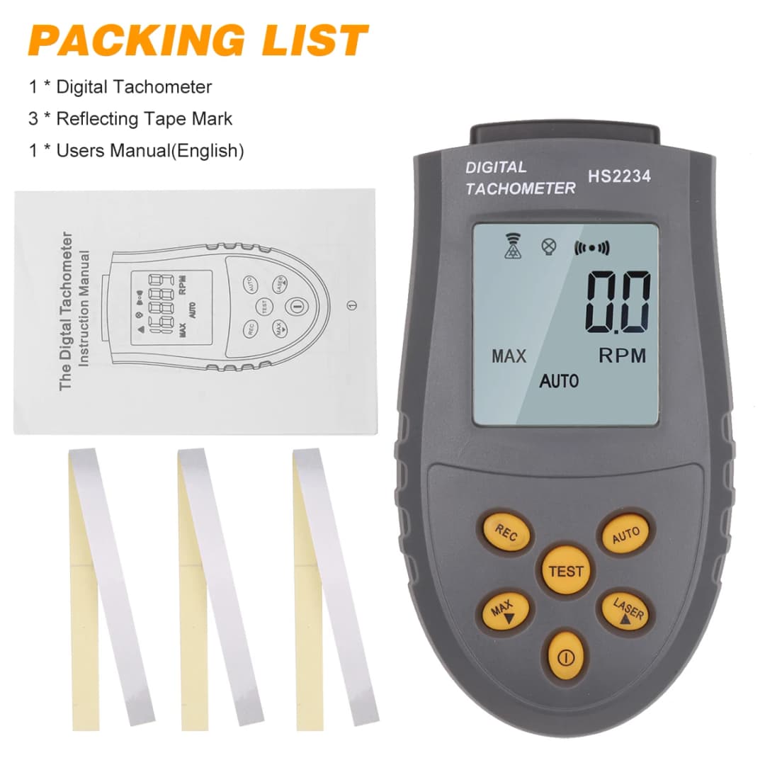 مقياس سرعة دوران رقمي محمول عالي الدقة، شاشة LCD، قياس يدوي/تلقائي بالليزر، إضاءة خلفية - 6