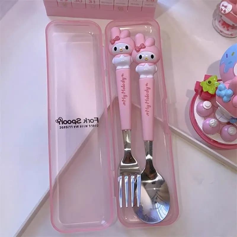 New Kuromi Hello Kitty Cinnamoroll Spoon Fork 2 Pcs Set Stainless Steel Cartoon Cute Kid Tableware Kitchen Supplies Gift - 2
