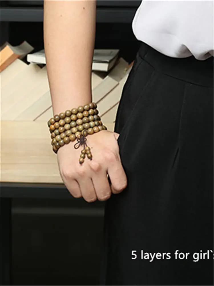 أساور مسبحة صلاة بوذية من خشب الصندل الأخضر الطبيعي 8 ملم، 108 حبة، عقد من خرز خشبي معطر - 5