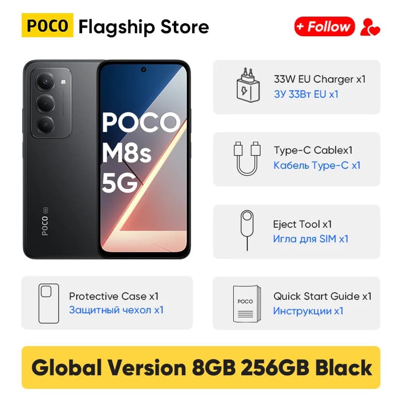 Global Version POCO M8s 5G Smartphone Snapdragon 6s Gen 3 6.9" 144Hz DotDisplay 50MP Camera 7000mAh 33W Fast Charging NFC