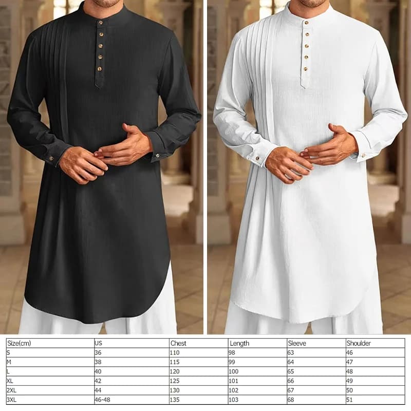NEW Men's Muslim Shirt Stand Collar Long Sleeve Robe Islamic Arab Kaftan Solid Color Streetwear Casual Men Clothing Cotton Linen - 6
