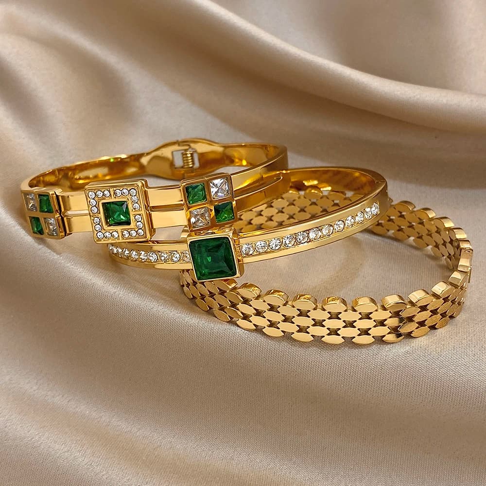 Greatera Light Luxury Style Green Square Zirconium Series Cuff Bracelet Unique Stainless Steel Artistic Exaggerate Women Bangle - 4
