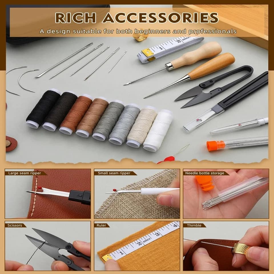 مجموعة أدوات خياطة جلدية من KRABALL مع إبر يدوية وخيط مشمع، مثالية لأريكة السيارة والأحذية والحقائب - 5