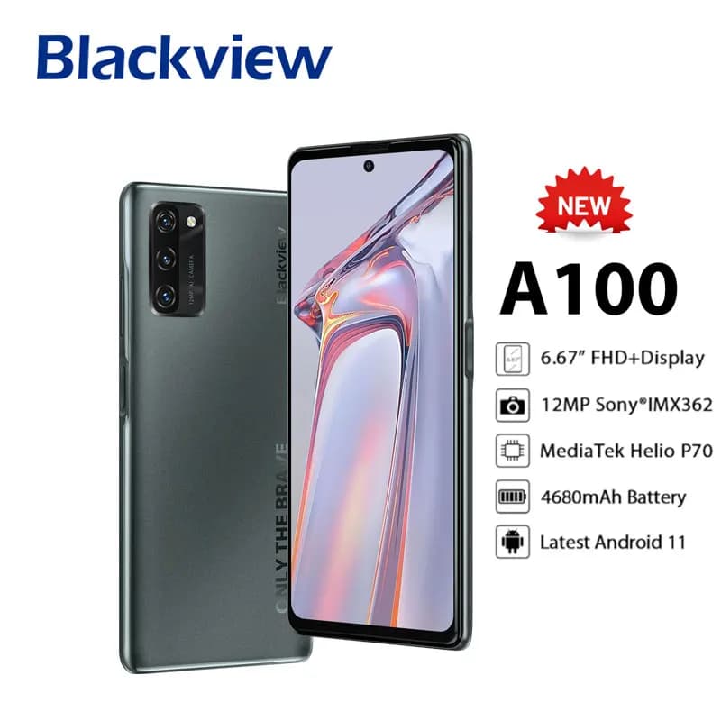 هاتف بلاك فيو A100 الذكي، معالج هيليو P70، أندرويد 11، ذاكرة وصول عشوائي 6 جيجابايت، ذاكرة داخلية 128 جيجابايت، شاشة 6.67 بوصة، بطارية 4680 مللي أمبير، NFC، 4G LTE، شحن سريع 18 واط