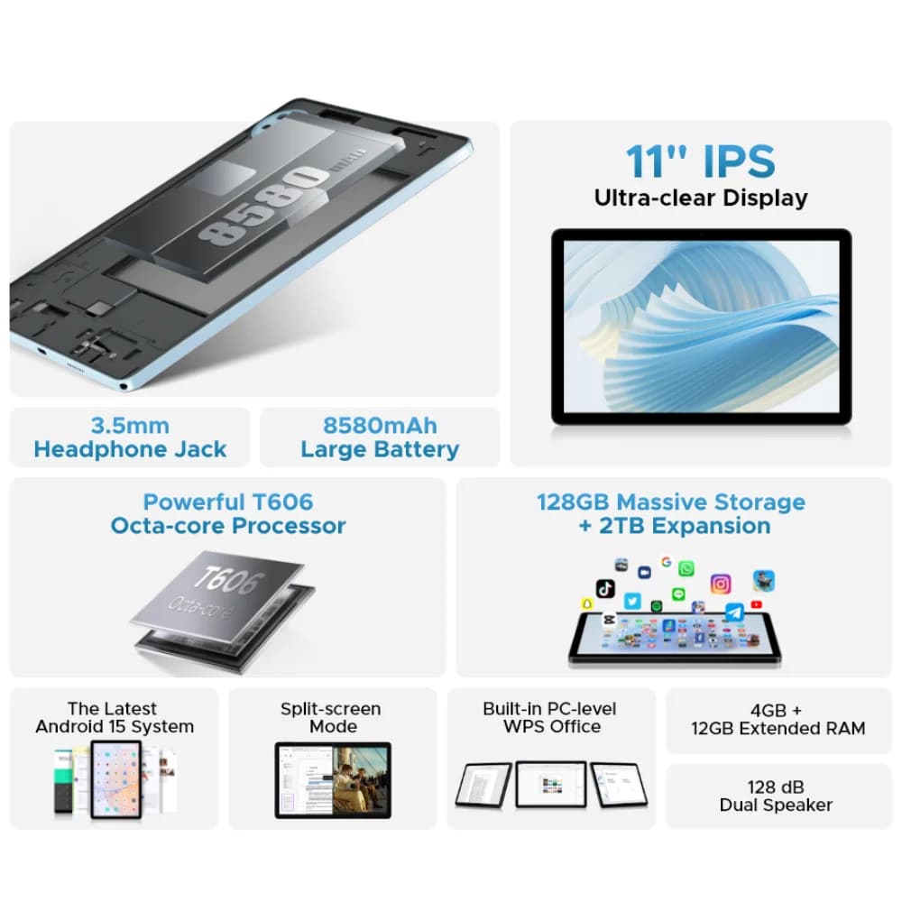 Global Version DOOGEE U11 Android 15 Tablet 11" Ultra-clear 90Hz Display 16GB(4+12) 128GB 8580mAh Battery Unisoc T606 octa-core - 2