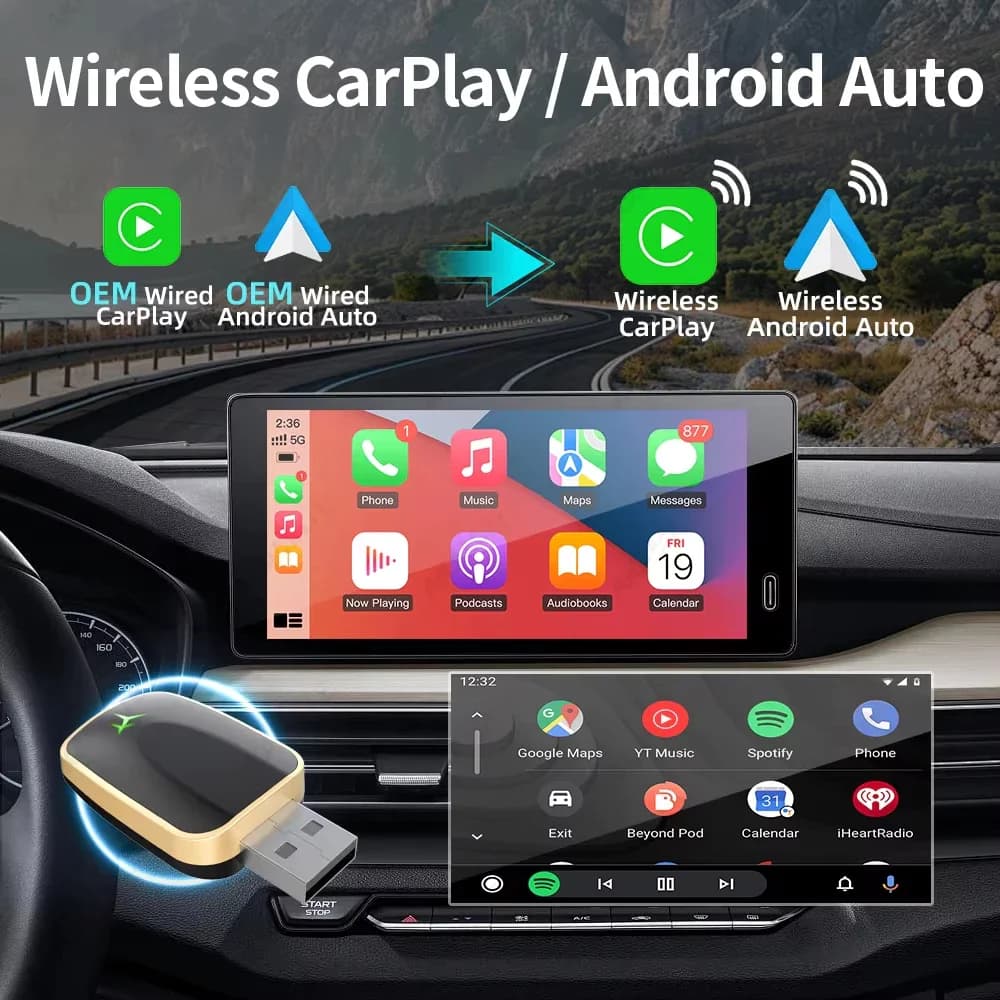 Wired To Wireless Carplay Android 2-in-1 Automatic Adapter Car Gadget Smart Box 5.8GHz Wifi  Plug and Play OTA Update Universal - 5
