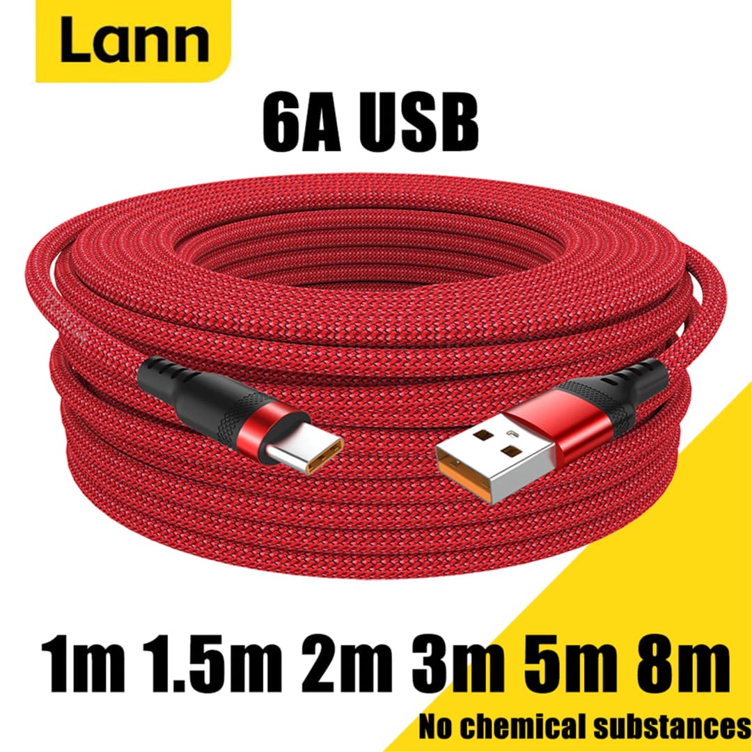 كابل شحن فائق السرعة USB Type C ممتد بطول 5 أمتار مناسب لـ Huawei وXiaomi وVivo وOnePlus وLeeco