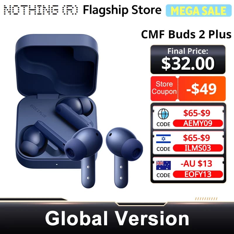 سماعات CMF من Nothing Buds 2 بلس نسخة عالمية جديدة 50dB عزل ضوضاء هجين بطارية طويلة عمر صوت عالي الدقة IP55 متوافقة مع البلوتوث