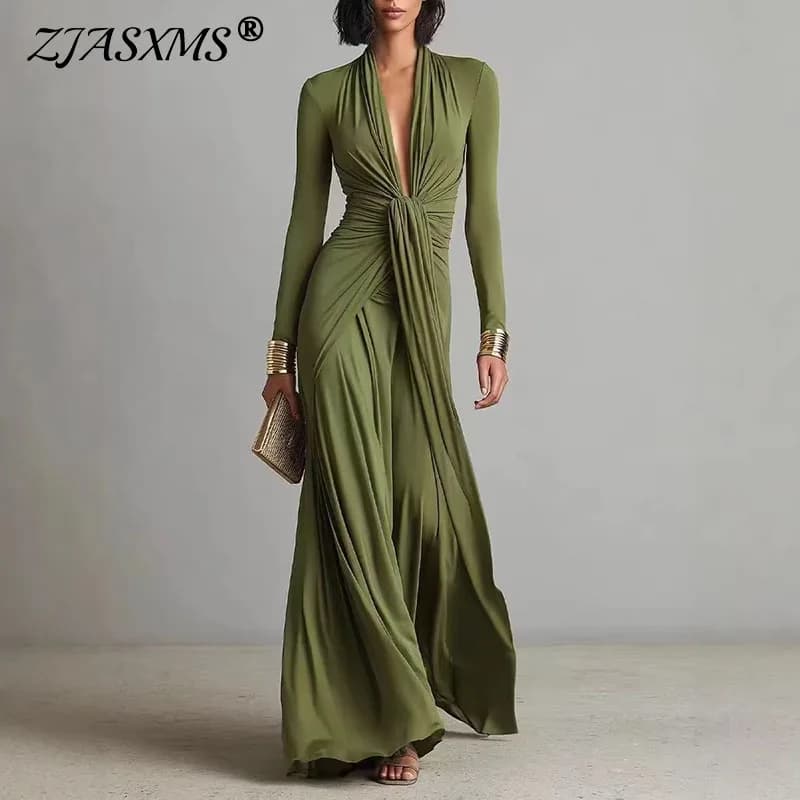Women's Elegant Deep V Neck Maxi Dress Spring Twist Knot Ruched Floor-Length Evening Gown Autumn New Long Sleeve Slim Boho Dress