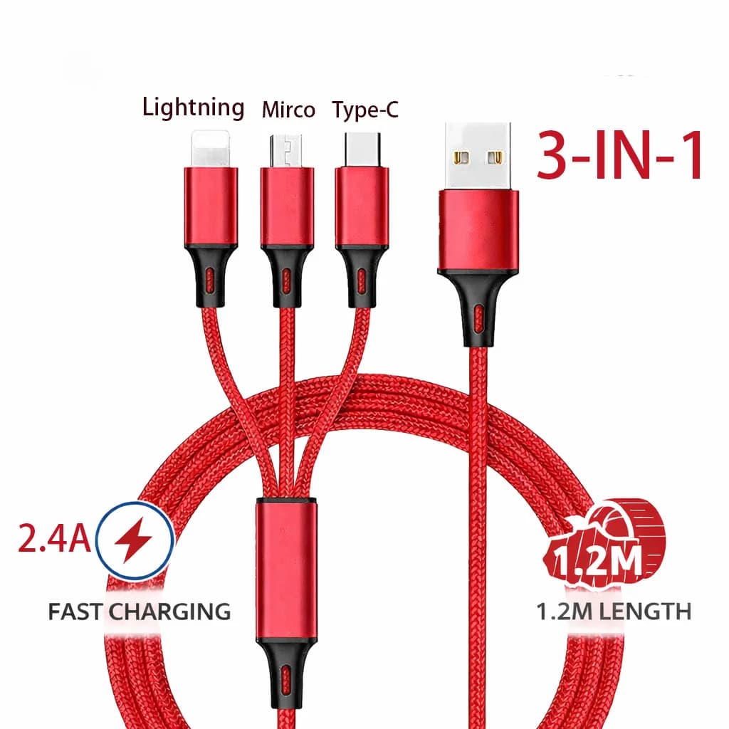 كابل شحن سريع 3 في 1 لهواتف آيفون وشاومي، يو إس بي-سي، مايكرو يو إس بي، سلك شحن يو إس بي متعدد المنافذ بطول 1.2 متر للهواتف والأجهزة اللوحية والأجهزة الأخرى