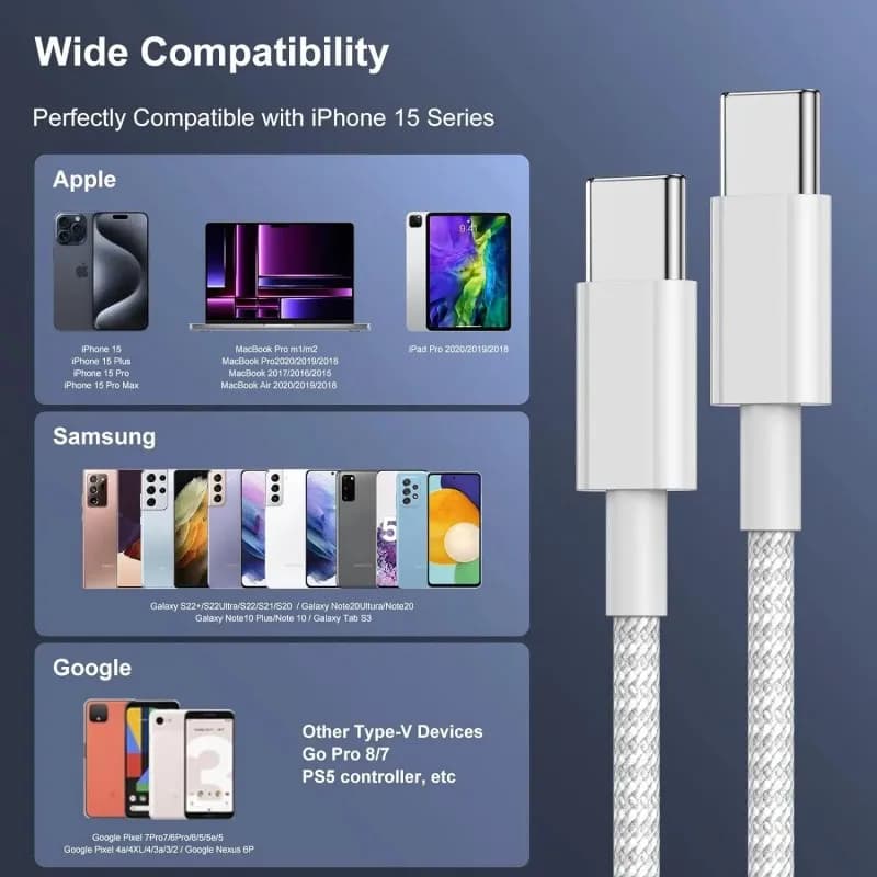 3PCS Fast Charger Cable Compatible with iPhone 17/16/15 Samsung Xiaomi Huawei USB-C to Type C Charging Data Cable Nylon Braided - 5