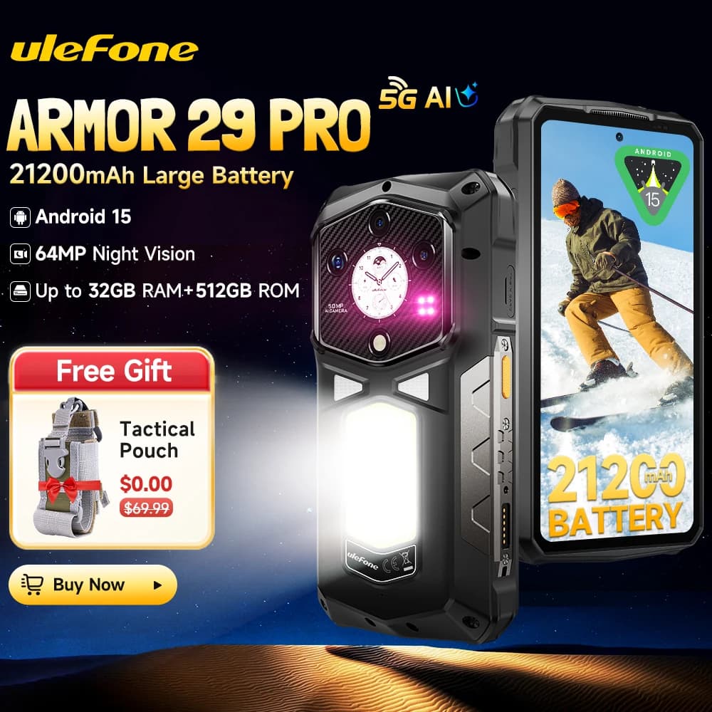 هاتف Ulefone Armor 29 Pro 5G AI متين 21200 مللي أمبير في الساعة 120 واط 64 ميجابكسل رؤية ليلية 6.67 بوصة 120 هرتز ذاكرة قراءة فقط 512 جيجابايت هاتف محمول MTK Dimensity 7400