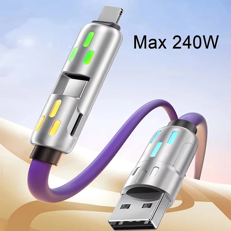 New 4 in 1 Multi Connectors Charger Rotating Elbow USB to Type-C Mobile Phone 240W Fast Charging Silicone Cable Data Transfer - 5