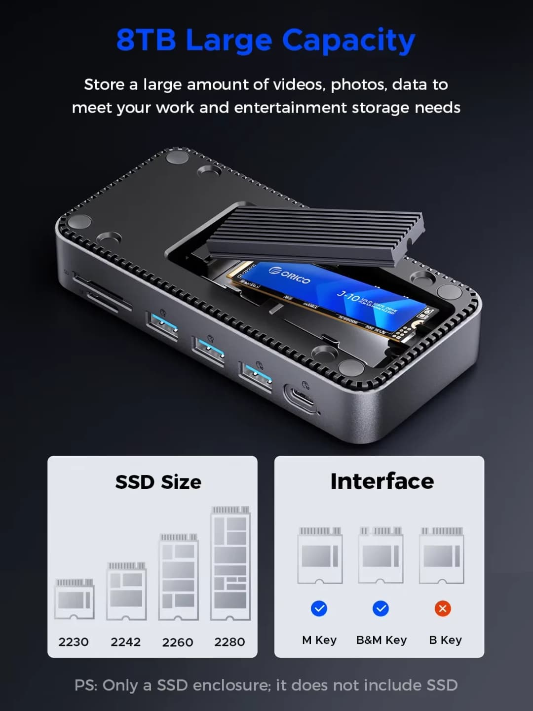 أوريكو يو إس بي سي 12 في 1 محطة إرساء HUB مع مروحة تبريد M.2 NVMe SATA SSD حاوية خارجية 10 جيجابت في الثانية HDMI-Com RJ45 SD/TF M2P11 - 5