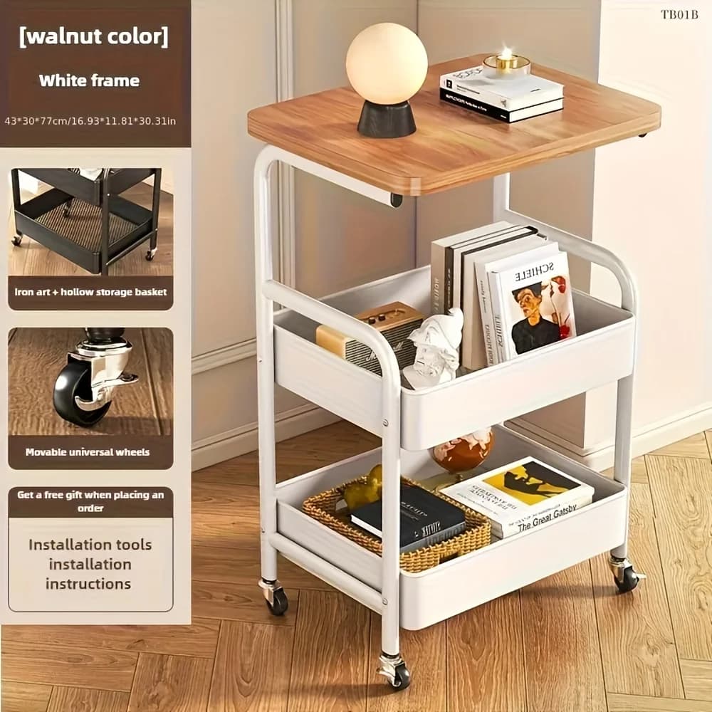 Metal 3-Tier Kitchen Island Cart with Tabletop Storage Snack Rack Durable Steel Frame Rolling Wheels - 3