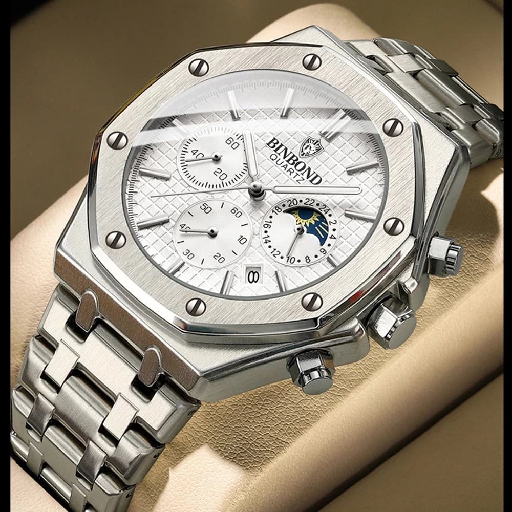 ساعة يد رجالية فاخرة من بينبوند موديل 0161، كرونوغراف مضيء، مقاومة للماء، تقويم وتاريخ - 3