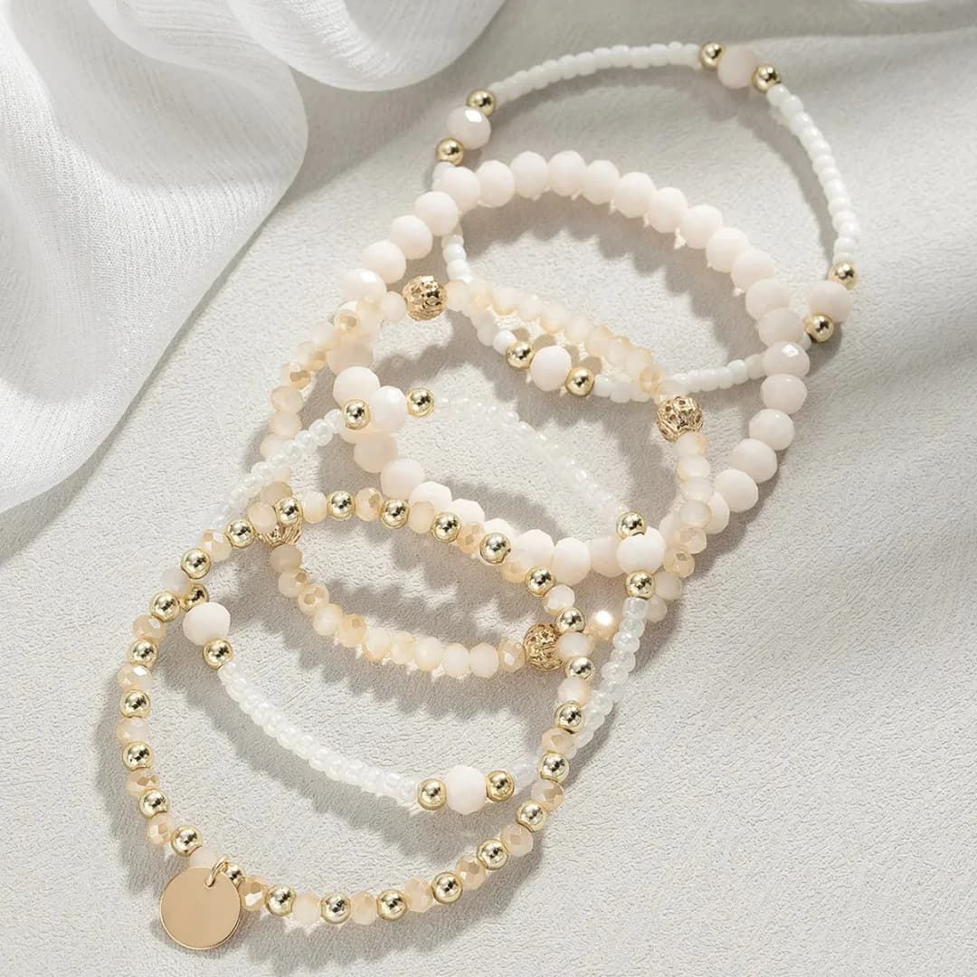 5Pcs/Set Charm Resin Beaded Fashion Bracelet Set for Women Round Piece Elastic Bead Chain Bangle Wrist Strap Vacation Jewelry - 3
