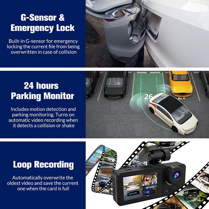 كاميرا سيارة بثلاث عدسات، واي فاي داشكام، 2/3 قنوات، دقة 1080P HD، مسجل فيديو رقمي للرؤية الليلية، زاوية واسعة للأمام والخلف - 6