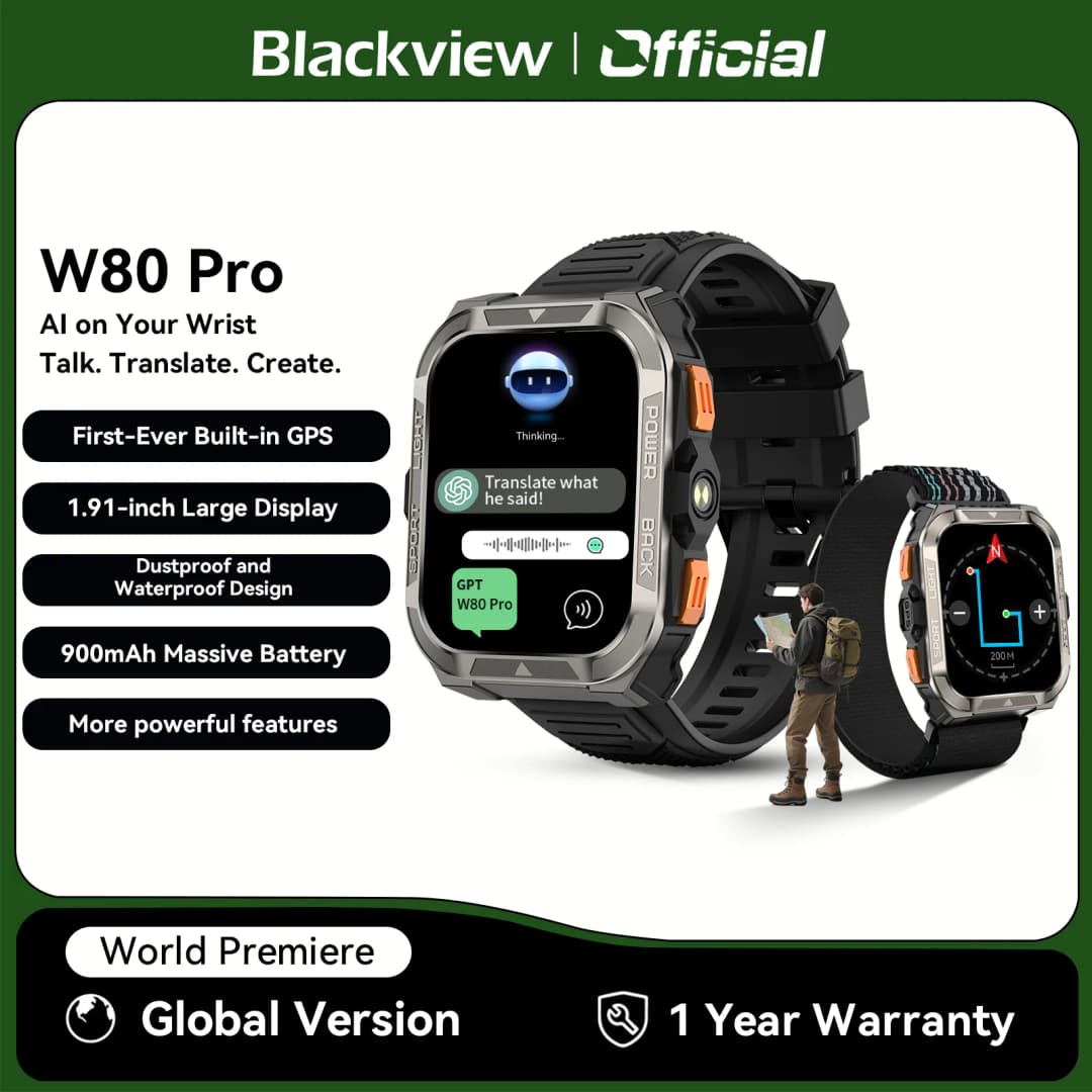 【عرض عالمي أول】ساعة بلاك فيو W80 PRO الذكية المتينة للاستخدام الخارجي، مزودة بنظام GPS، شاشة 1.91 بوصة، بطارية 900 مللي أمبير مع كشاف
