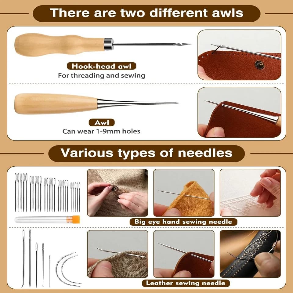 مجموعة أدوات خياطة جلدية من KRABALL مع إبر يدوية وخيط مشمع، مثالية لأريكة السيارة والأحذية والحقائب - 4
