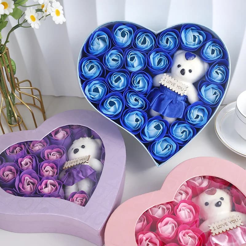 دب محشو صندوق هدية زهور اصطناعية ورد صابون وردة ذهب 24 قيراط هدية عيد الحب عيد الأم زفاف ديكور منزلي - 3