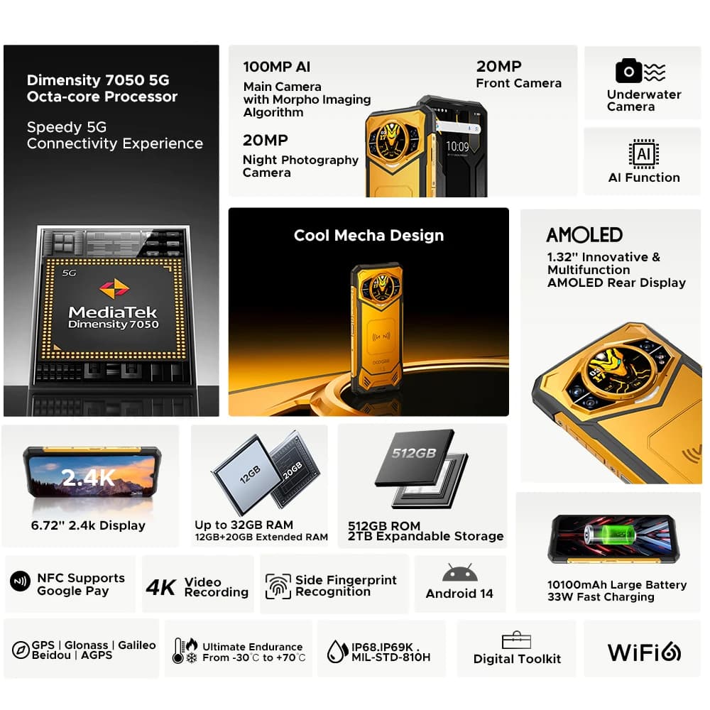 العرض الأول عالمياً DOOGEE S200 X 5G هاتف متين 12 جيجابايت 512 جيجابايت معالج MTK Dimensity 7050 بطارية 10100 مللي أمبير 33 واط شاشة IPS مقاس 6.72 بوصة FHD+120Hz - 2