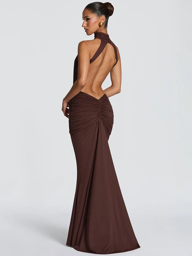 Mozision Turtleneck Backless Sexy Maxi Dress Women Gown Elegant Off-shoulder Sleeveless Ruched Bodycon Club Party Long Dress - 3