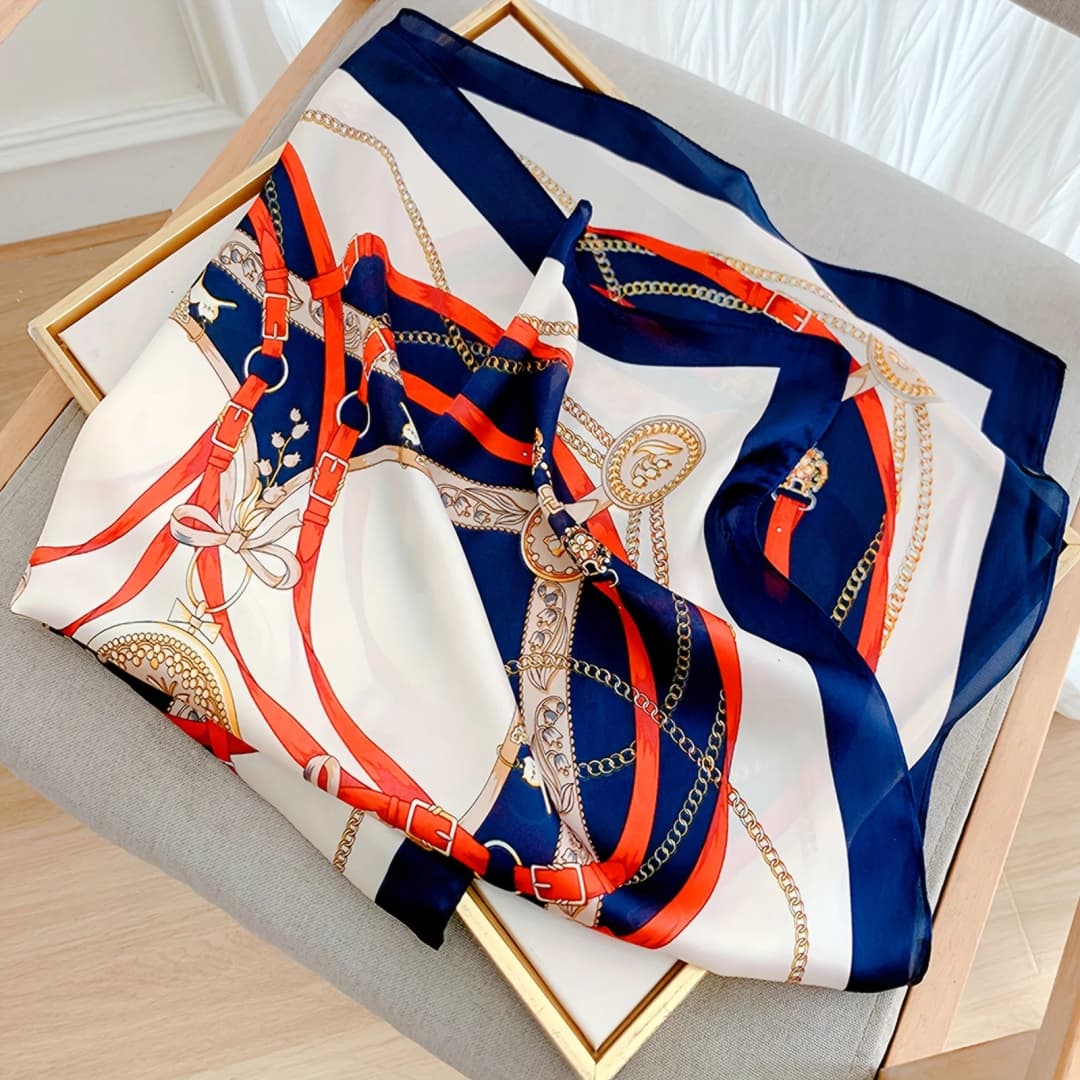 Orange Navy Blue Printed Square Scarf Thin Breathable Sunscreen Shawl Casual Outdoor Windproof Head Wrap For Women - 6