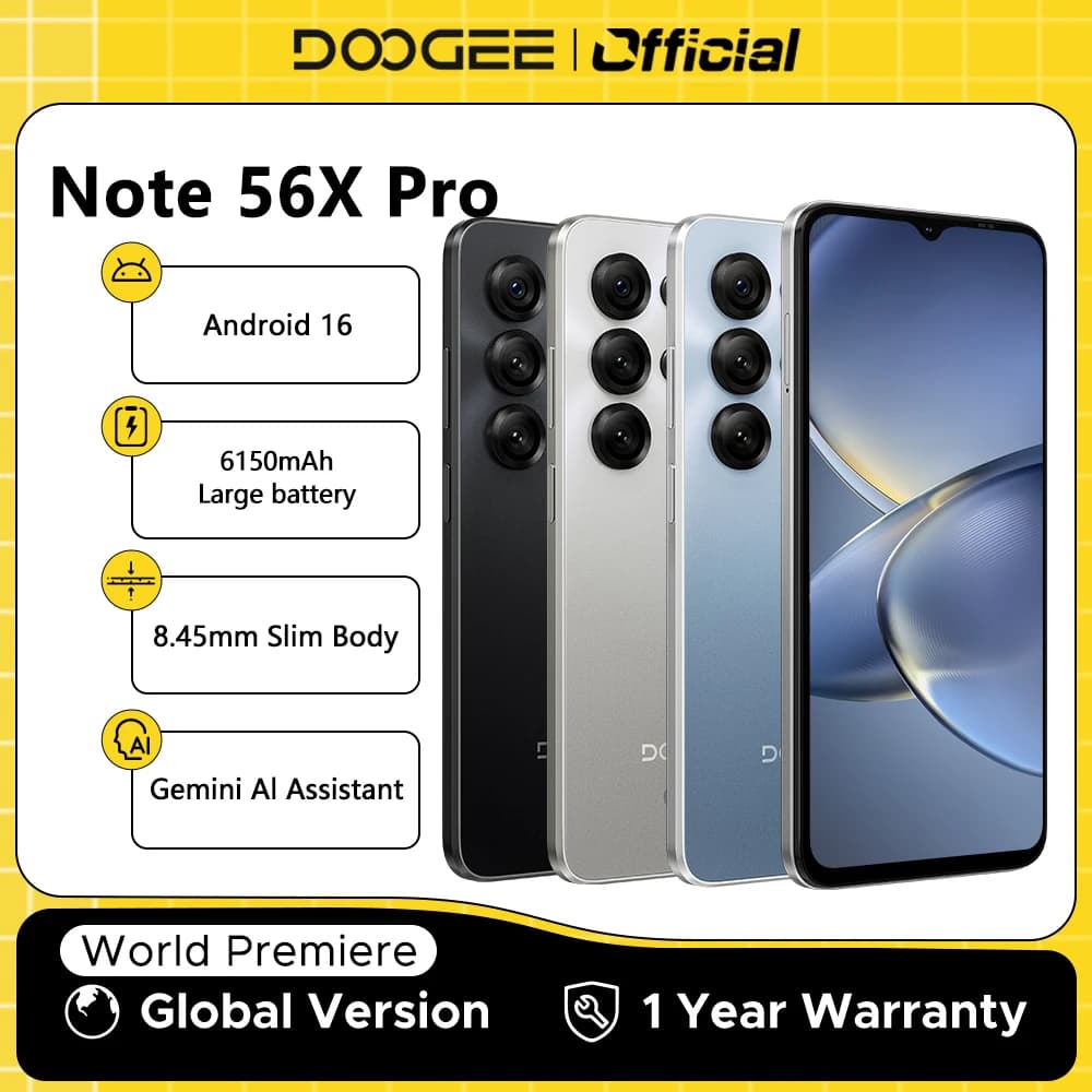 هاتف DOOGEE Note56 X PRO 5G المحمول بجسم نحيف 8.45 ملم وبطارية 6150 مللي أمبير ومساعد Gemini Al وWidevine L1 ونظام أندرويد 16 وNFC