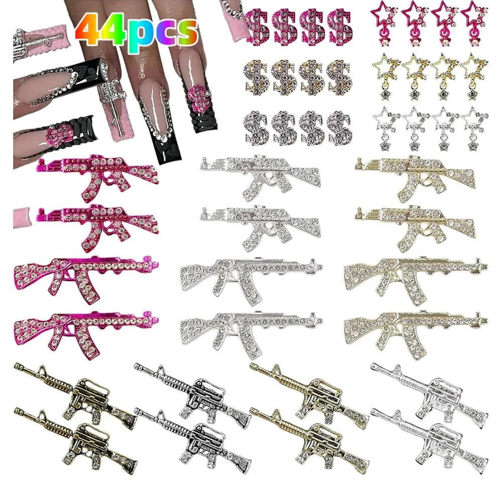 44PCS Gun Nail Charms Nail Art Rhinestone Alloy Gun Dollar Sign Star Nail Luxury Decor for Acrylic DIY Jewelry Nails Accessories