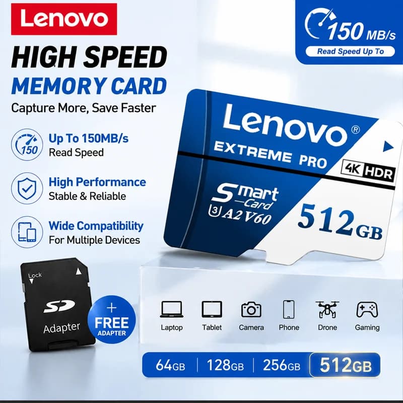 بطاقة ذاكرة Lenovo A2 TF SD بدقة 4K Full HD للهاتف والكمبيوتر والطائرة بدون طيار بسعات 64GB و128GB و256GB و512GB، بطاقة فلاش عالية السرعة U3 V60