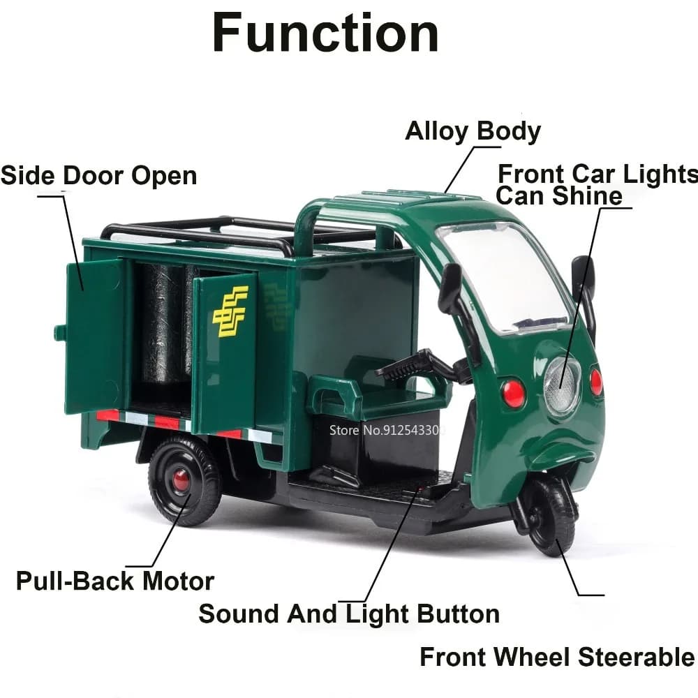 نموذج سيارة توصيل سريع ثلاثية العجلات 1/32 لعبة عجلات أمامية قابلة للتوجيه صوت وإضاءة سحب للخلف نماذج مركبات هدايا للأطفال - 2