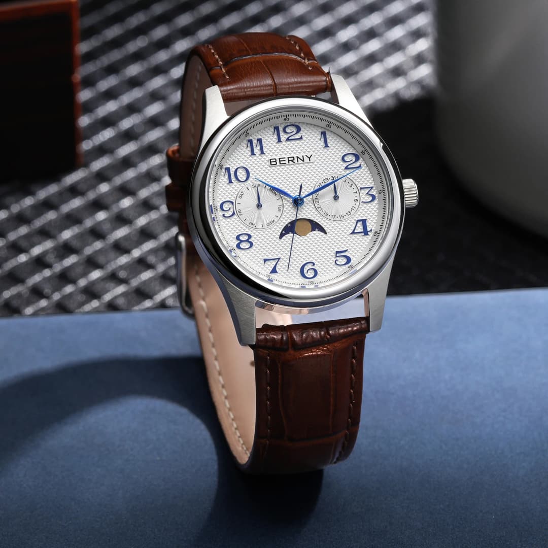 BERNY Watches for Men Moon Phase Quartz Men's Watch Day and Date Calendar Easy Read Vintage-Style Business Dress Wristwatch - 4