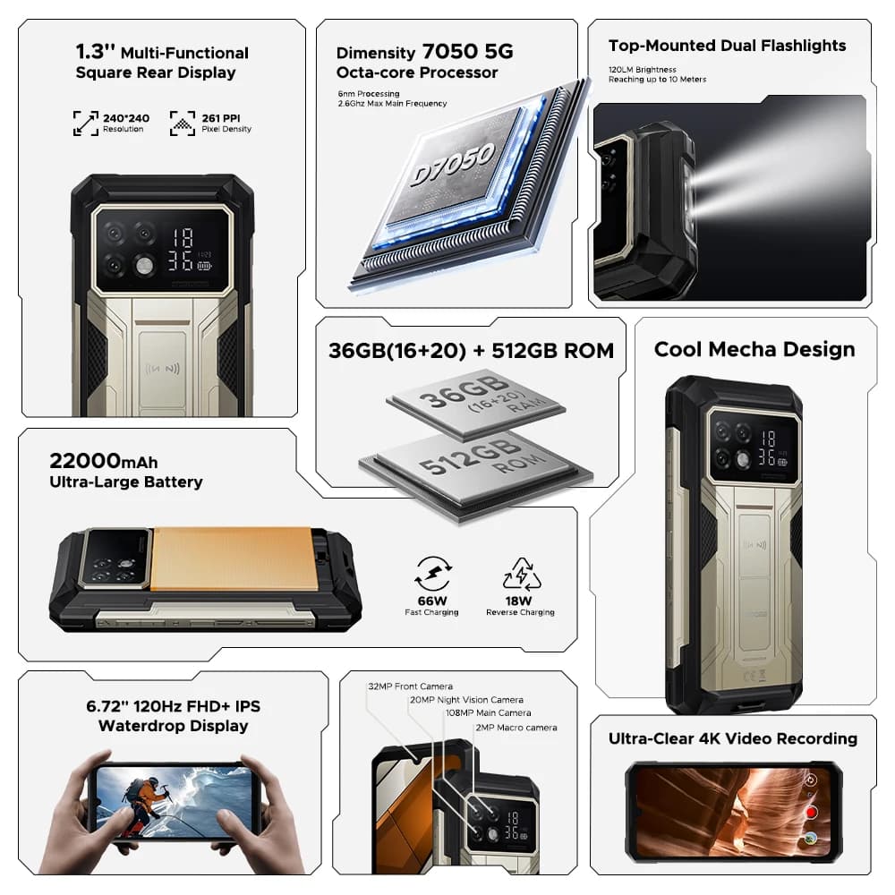 العرض الأول عالمياً لهاتف DOOGEE S200 Max المتين 16 جيجابايت 512 جيجابايت بطارية 22000 مللي أمبير 66 واط شاشة خلفية 1.32 بوصة شاشة 6.72 بوصة 120 هرتز معالج Dimensity 7050 تقنية NFC - 2