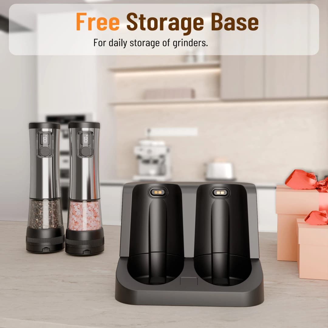 Electric Automatic Pepper Salt Grinder Set with Rechargeable Base LED Electricity Indicator Adjustable Coarseness for Kitchen - 6