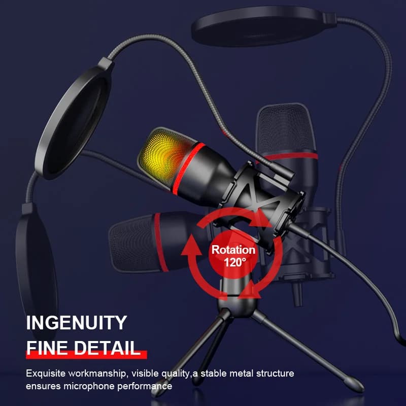 Professional Condenser Microphone For Computer PC Laptop USB Wired Gaming Accessories Kit Sound Live Streaming Podcast Gamer RGB - 6