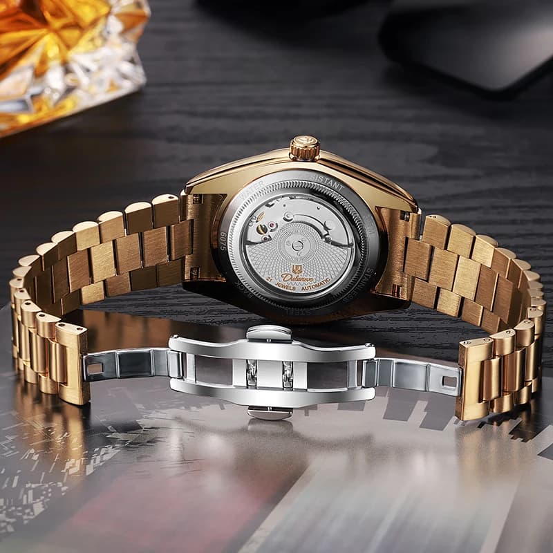 ساعات أعمال رجالي ماركة فاخرة تقويم أسبوع ساعة ميكانيكية أوتوماتيكية رجالي مقاومة للماء ذهبية ستانلس ستيل - 6