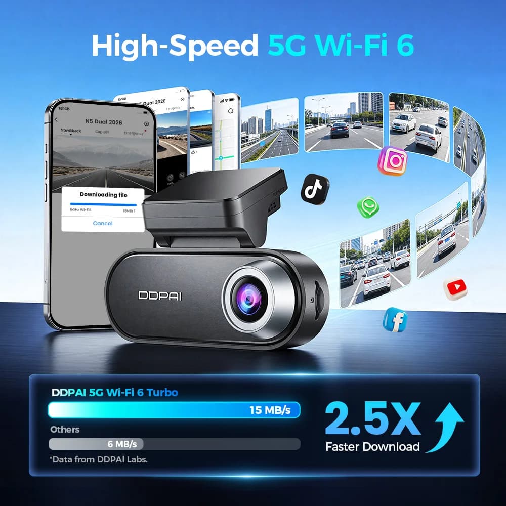 كاميرا سيارة DDPAI N5 مزدوجة بدقة 4K HDR مع رؤية ليلية بالذكاء الاصطناعي، واي فاي 6، GPS، ADAS، تحكم صوتي، وضع ركن 24 ساعة، ذاكرة 32 جيجا eMMC - 3