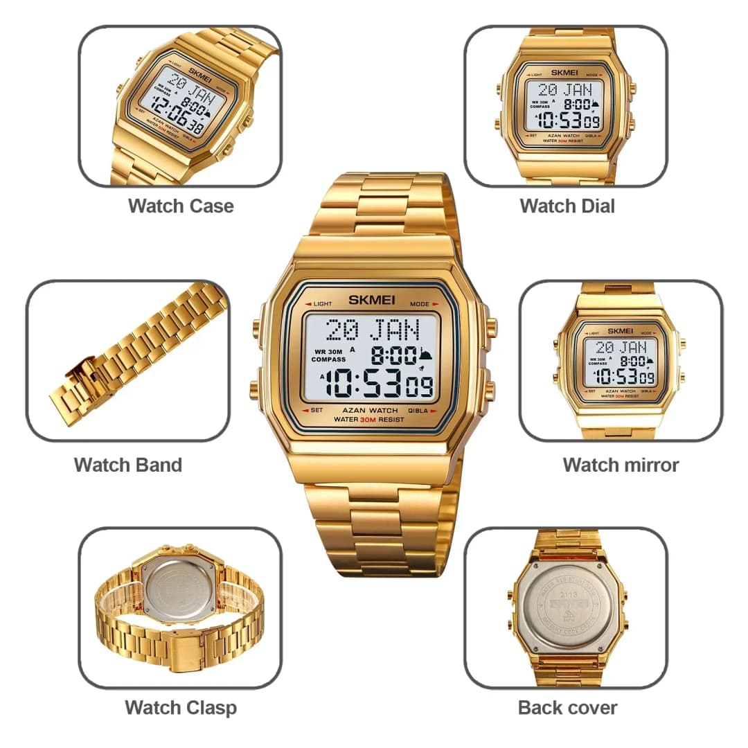 ساعة سكيمي 2113 رجالية أذان بوصلة منبه تقويم هجري ساعات يد رقمية إسلامية شاشة إضاءة خلفية جديدة ساعات رياضية - 5