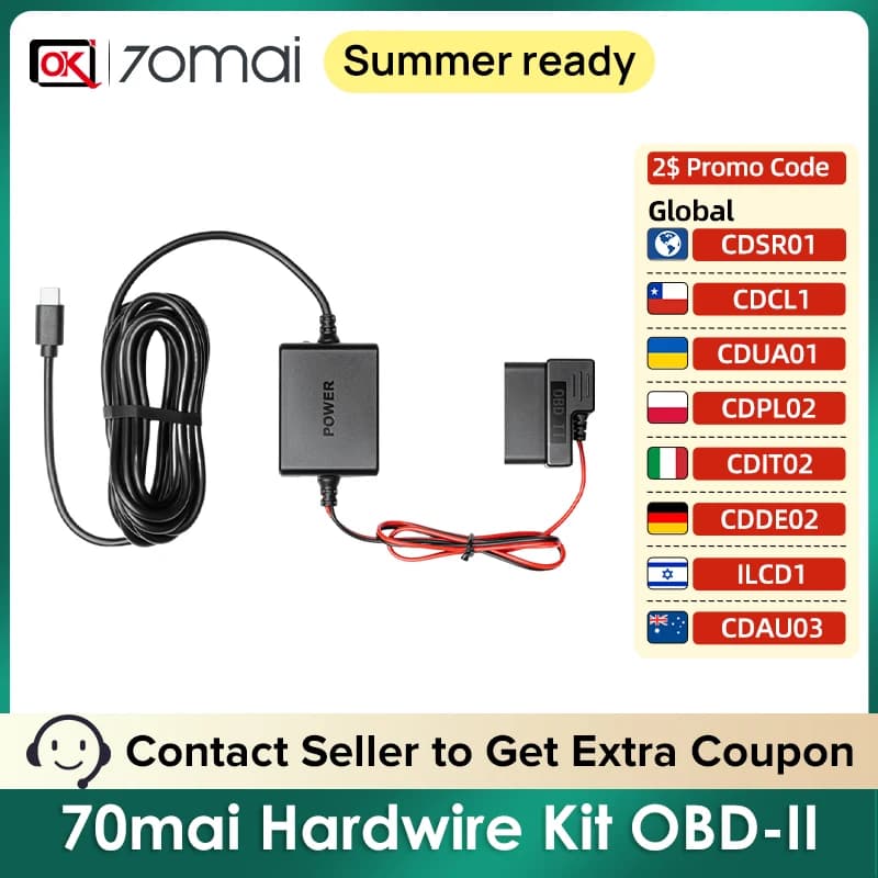 مجموعة توصيل دائم OBD II Type-C USB-C لكاميرات 70mai 4K A810 / Omni X800 / X200 / A510 / M500 / M310