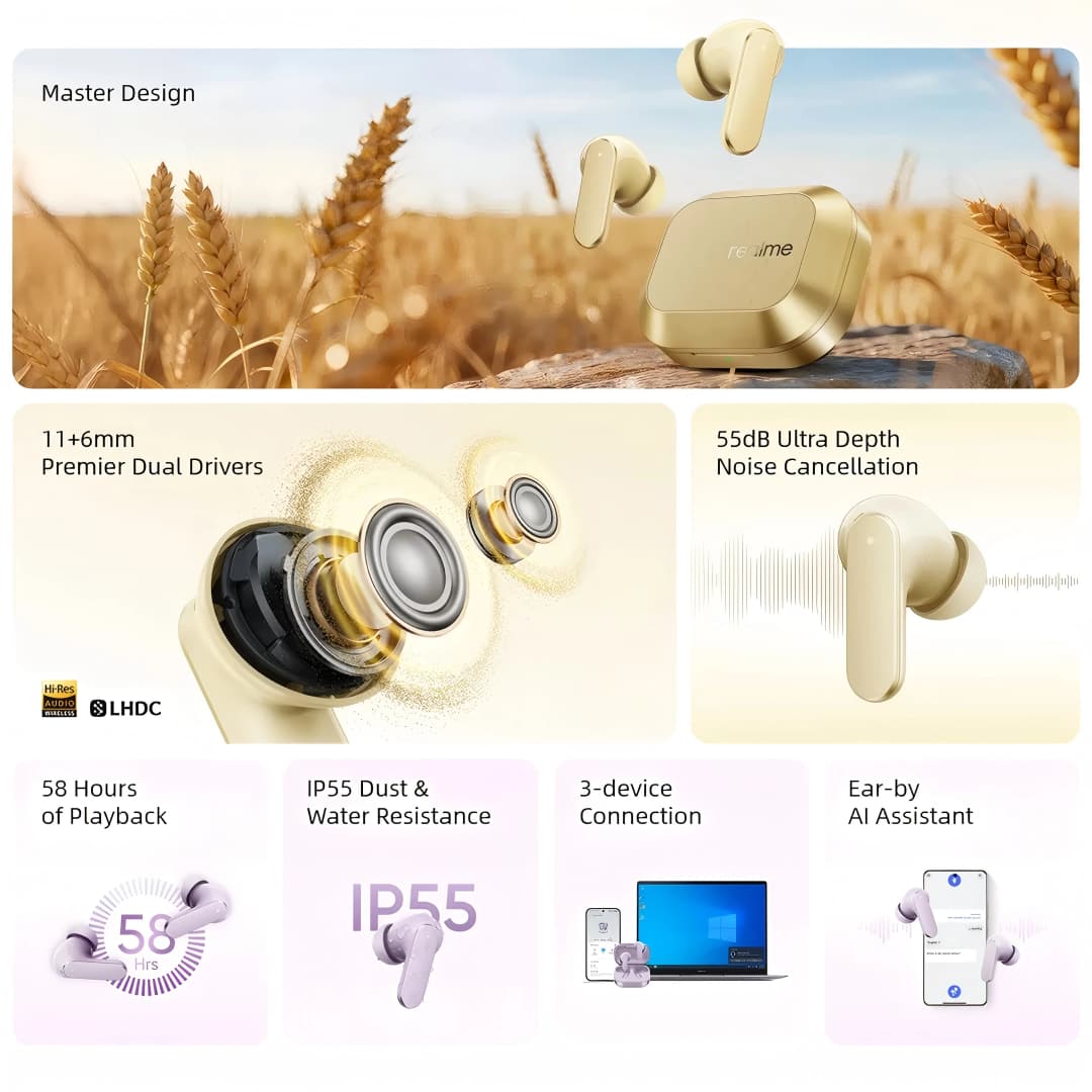 سماعات realme Buds Air8 TWS اللاسلكية 11+6 ملم مشغلات ثنائية رئيسية إلغاء ضوضاء 55dB حتى 58 ساعة تشغيل IP55 بلوتوث 5.4 - 2