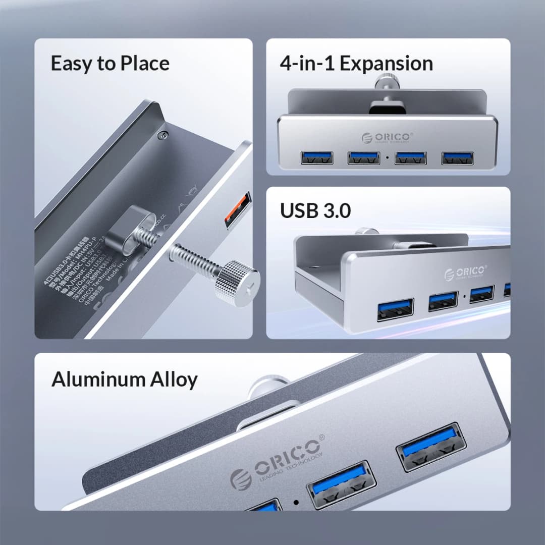 ORICO MH4PU 5GBPS Data Transmission Hub Aluminum 4 Ports USB 3.0 Clip HUB with Power Supply High Speed for MAC OS PC - 3